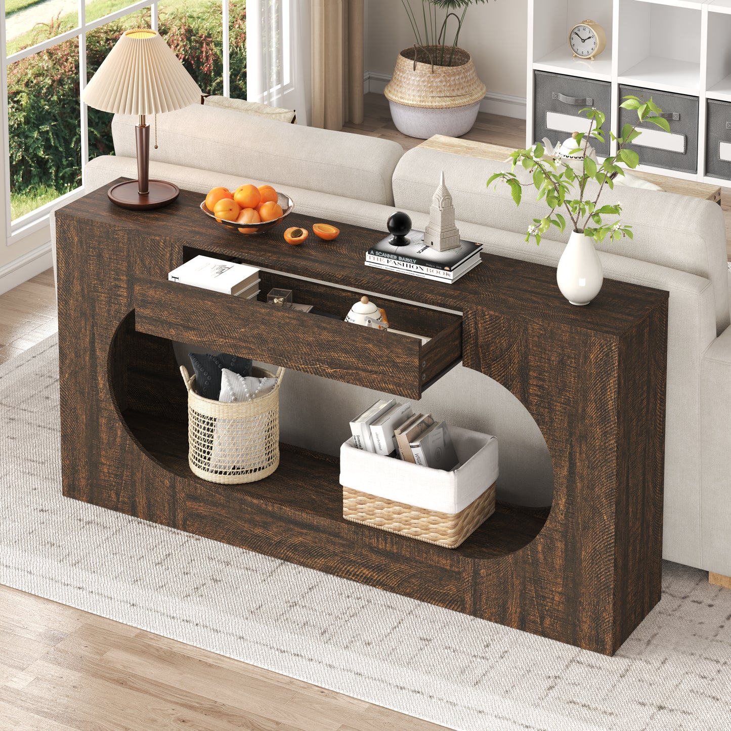 Narrow Walnut Wood Grain Console Table with Drawer - 63"
