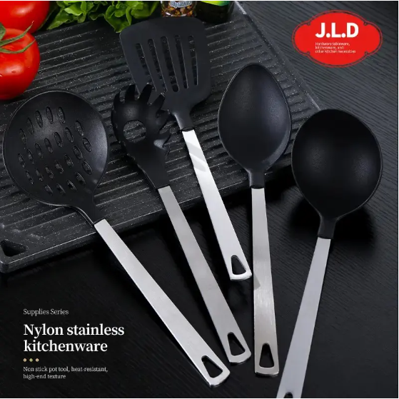 Premium 5-Piece Cooking Utensil Set - Stainless Steel & Nylon, Black