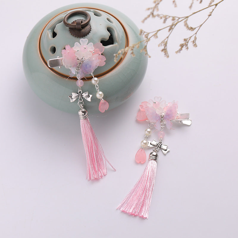 Colorful Floral Hairpin Clip Pair with Tassel