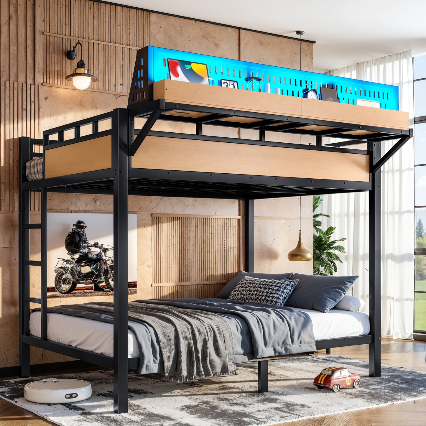 Full Over Full Metal Bunk Bed with Storage, USB Ports & LED Lights - Natural