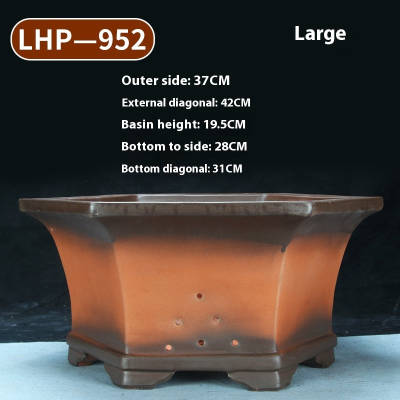 Large Hexagonal Ceramic Bonsai Basin with Purple Sand for Home Garden