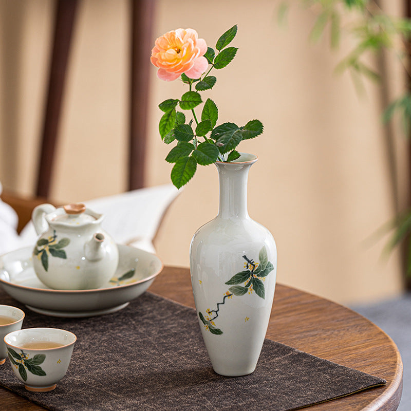 Ceramic Table Flower Ornament with Hydroponic Design - Porcelain Vase, Beauty Osmanthus