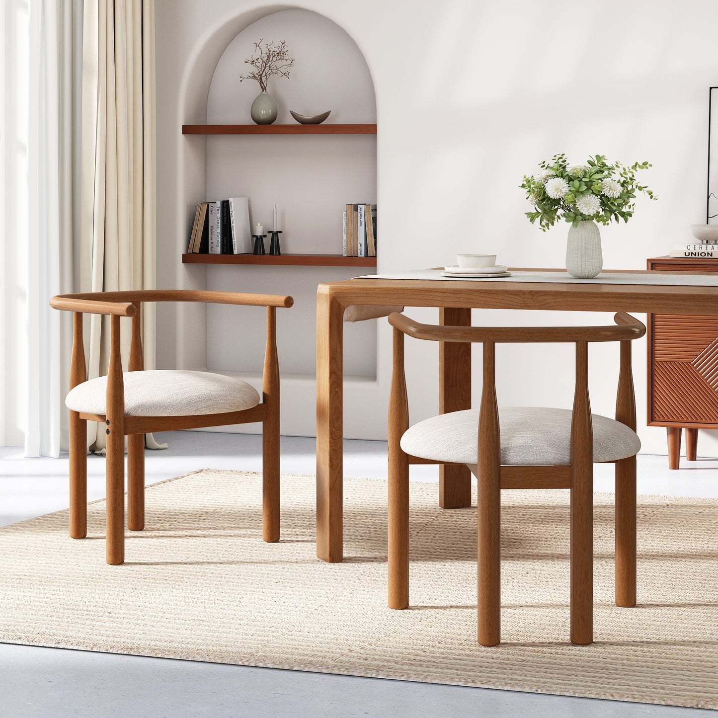 Set of 2 Modern Dining Chairs with Solid Wood Legs - Walnut & Beige