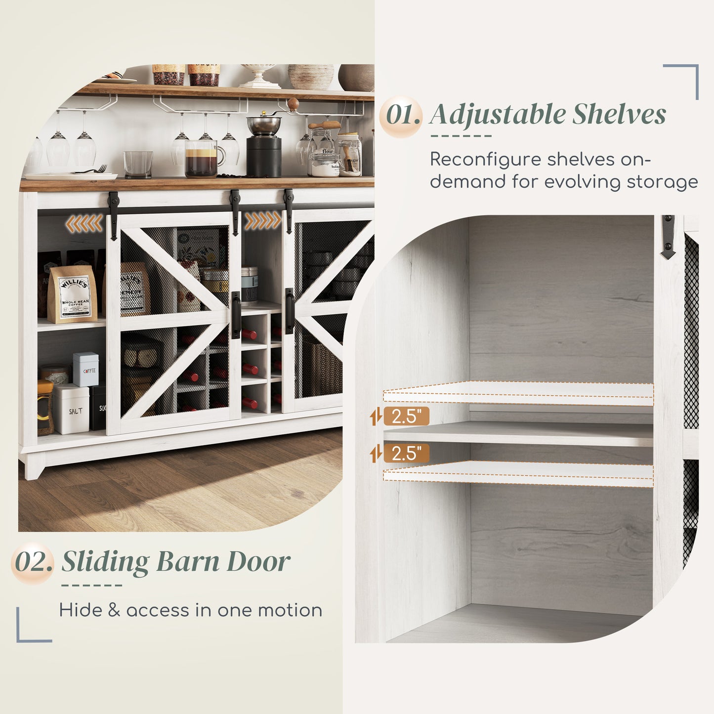 55" Farmhouse Coffee Bar Cabinet with LED Lights - Distressed White