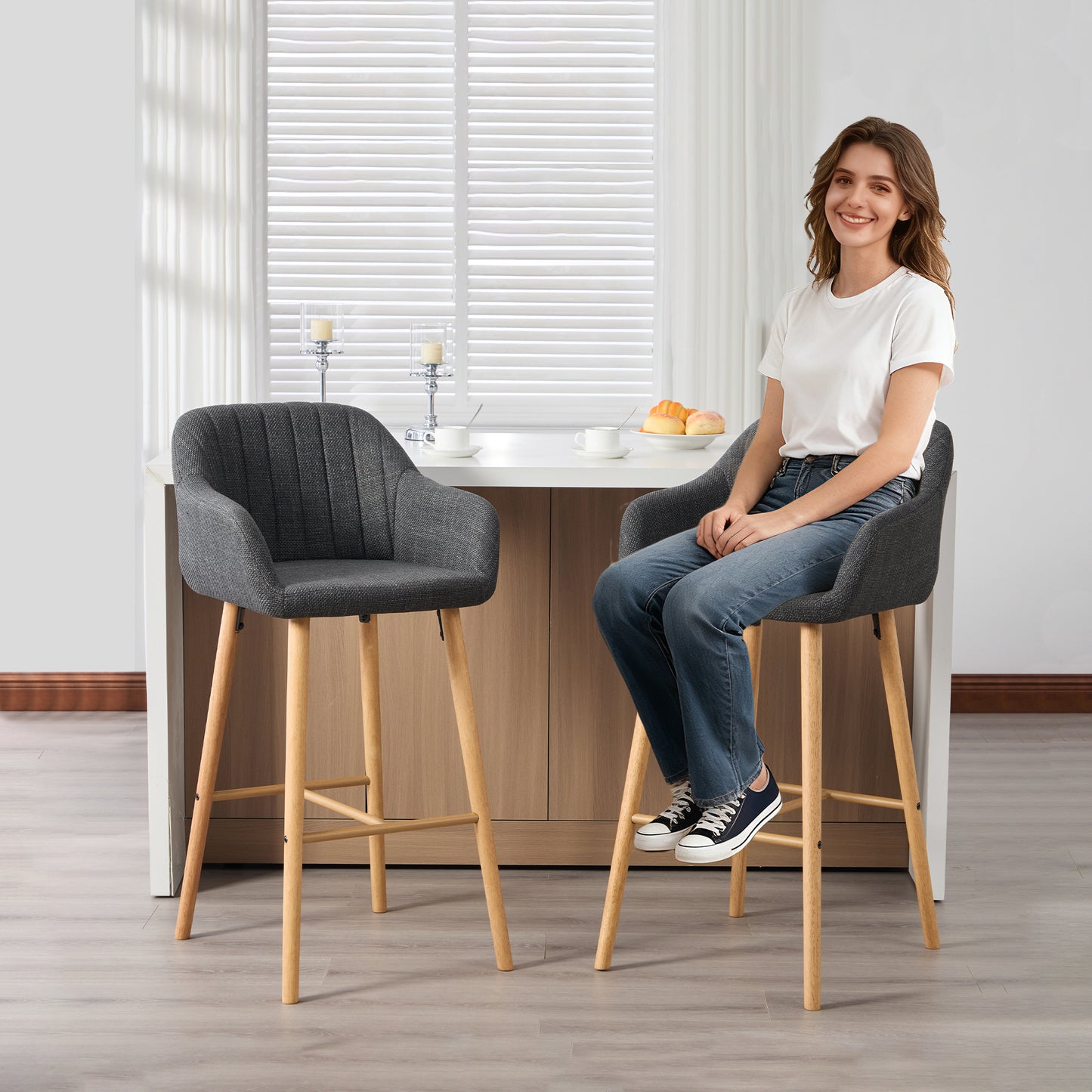 Modern Bar Stools Set of 2 - Kitchen Island Tall Chairs with Back and Footrest - Black Linen Upholstered