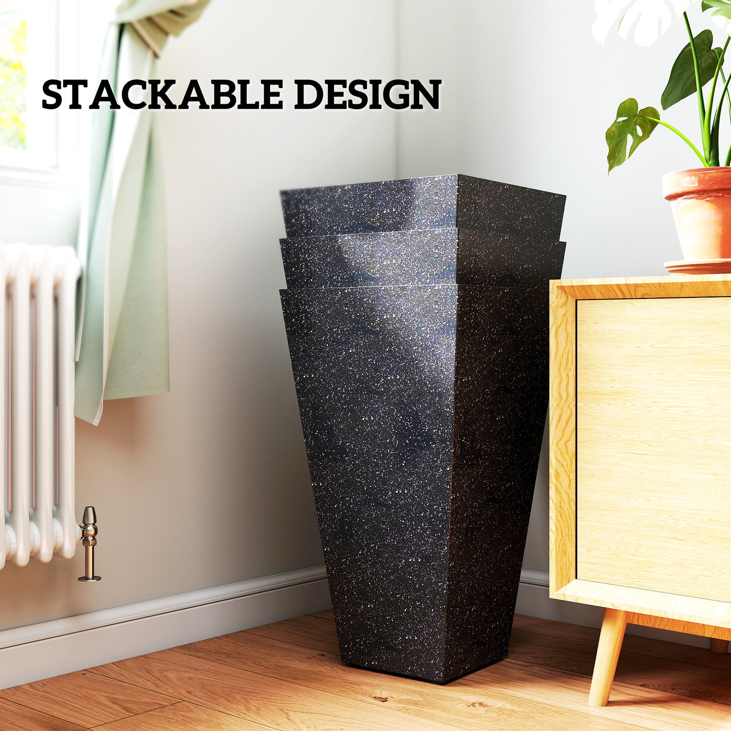 28-Inch Tall Plastic Planters Set of 3 with Marble Finish and Drainage Holes