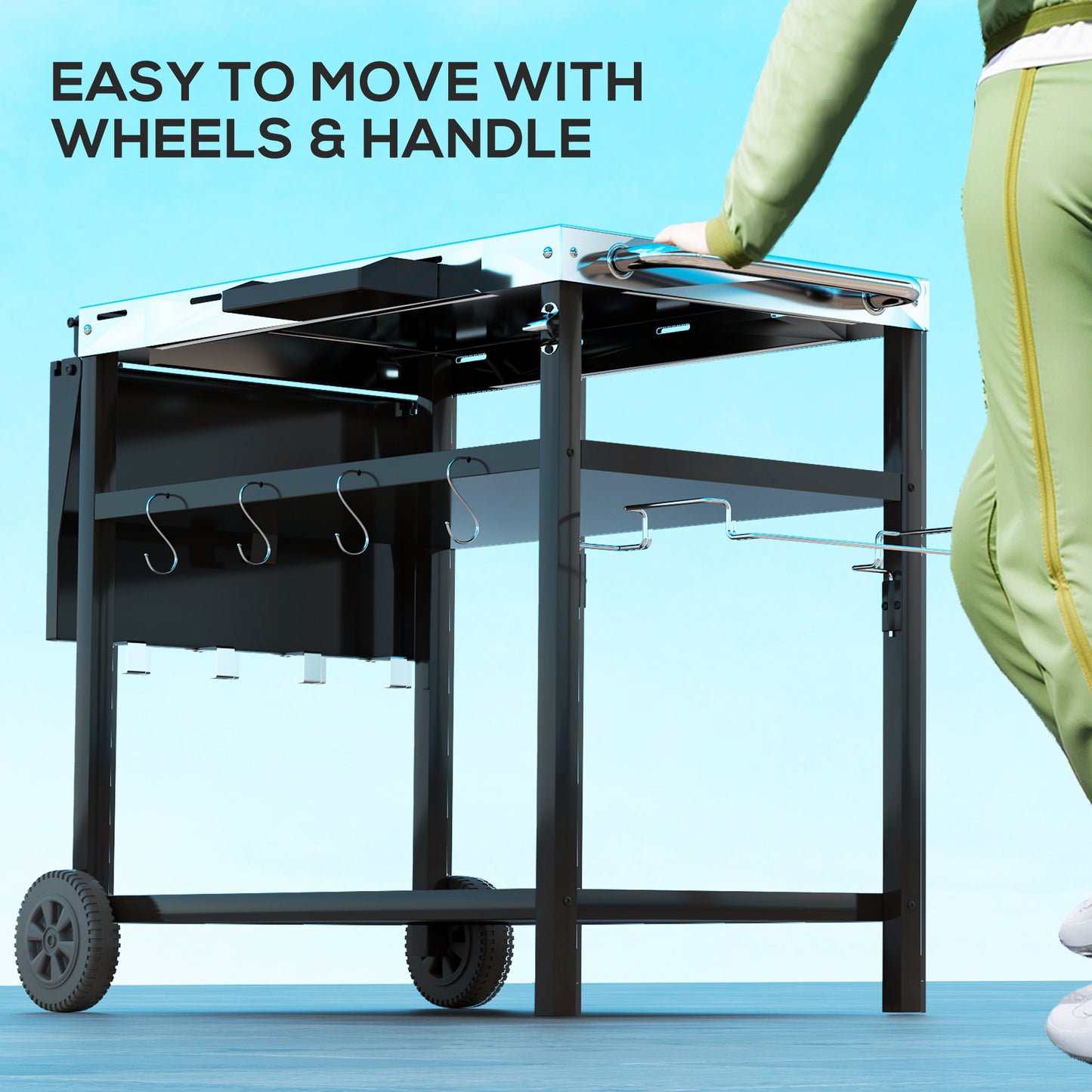 Outdoor Bar Cart with Stainless Steel Top & Wheels - Black