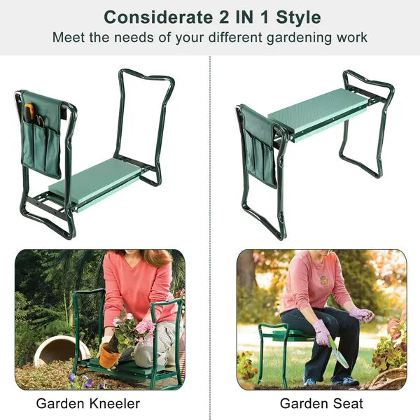 Foldable Garden Kneeler and Seat with Tool Pouch - Green