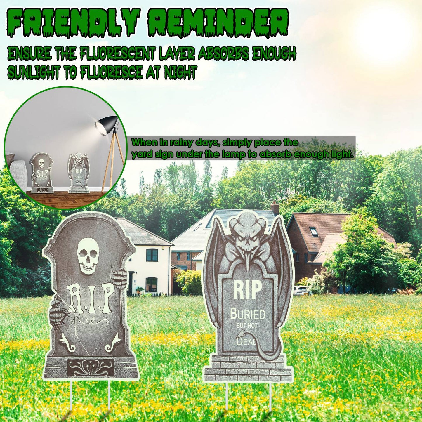Glow In The Dark Halloween Yard Sign Set - 6 Pcs Skeleton & Cat