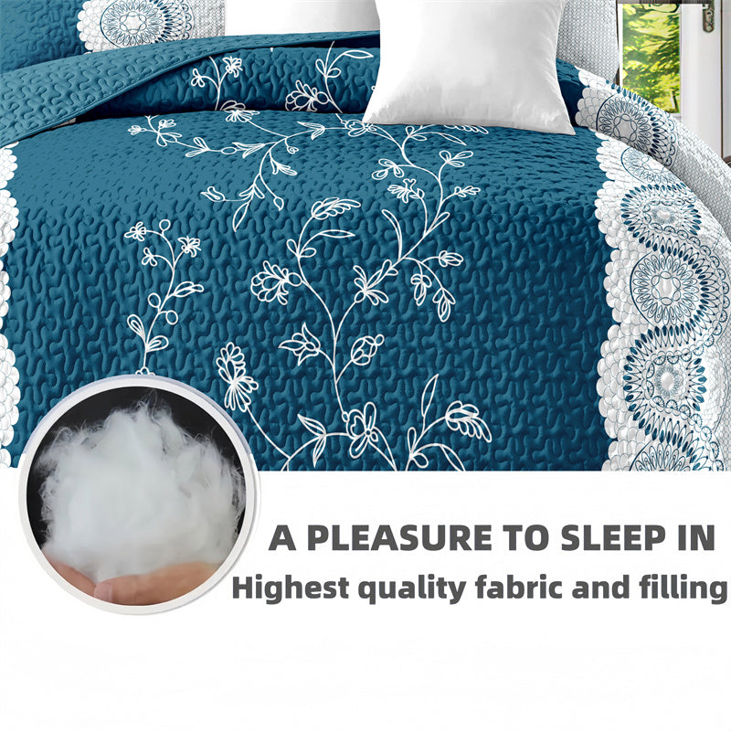 Teal Floral Quilt Set - 3-Piece Bedding with Pillow Shams
