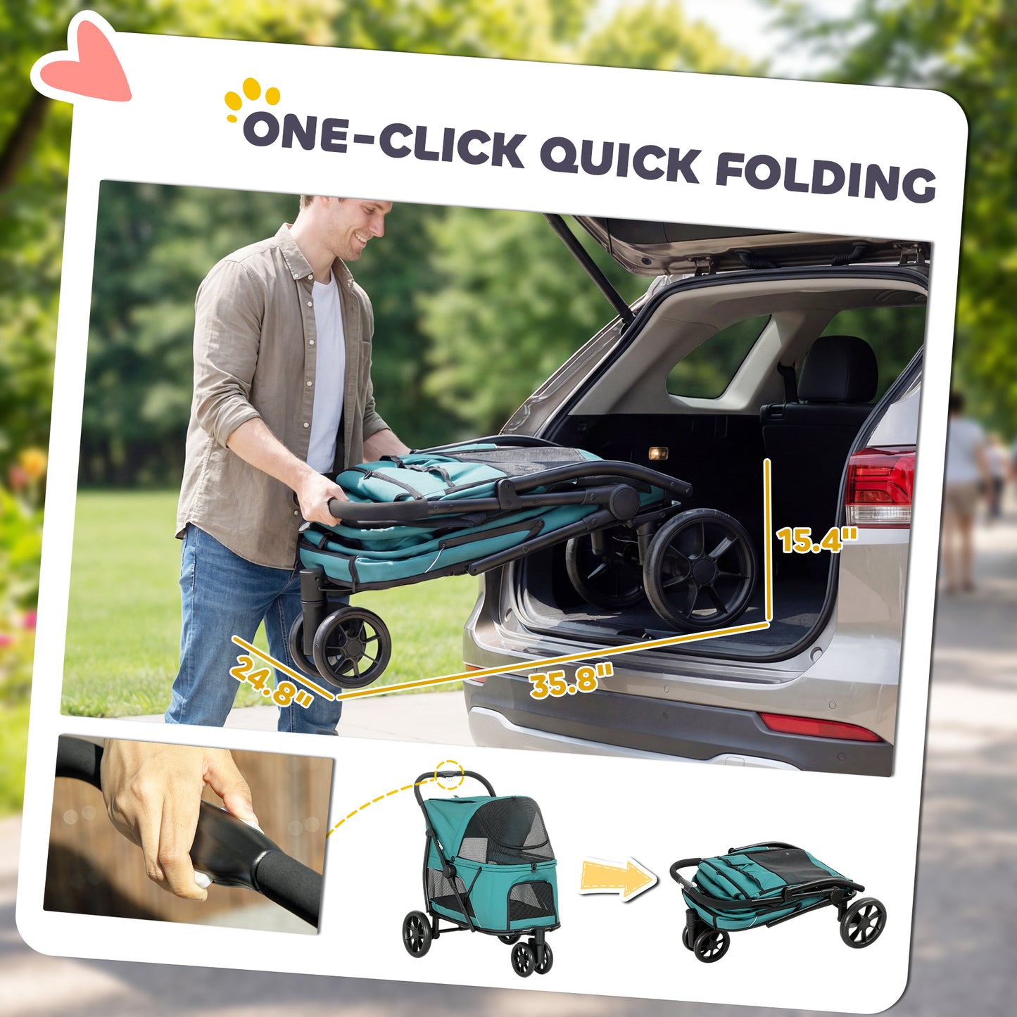 3 Wheel Pet Stroller for Medium Dogs with Quick Fold Mesh Window & Washable Cushion - Dark Green