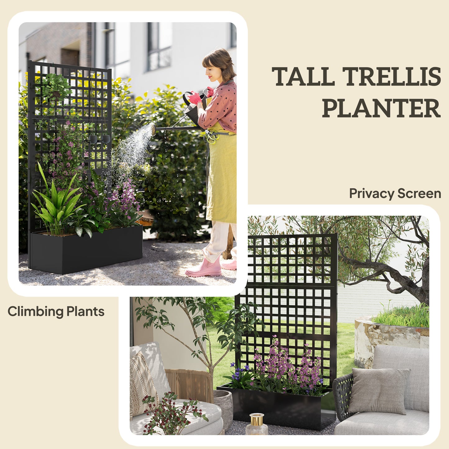 Galvanized Raised Garden Bed Planter with Trellis - 43x16x70 Inches, Black