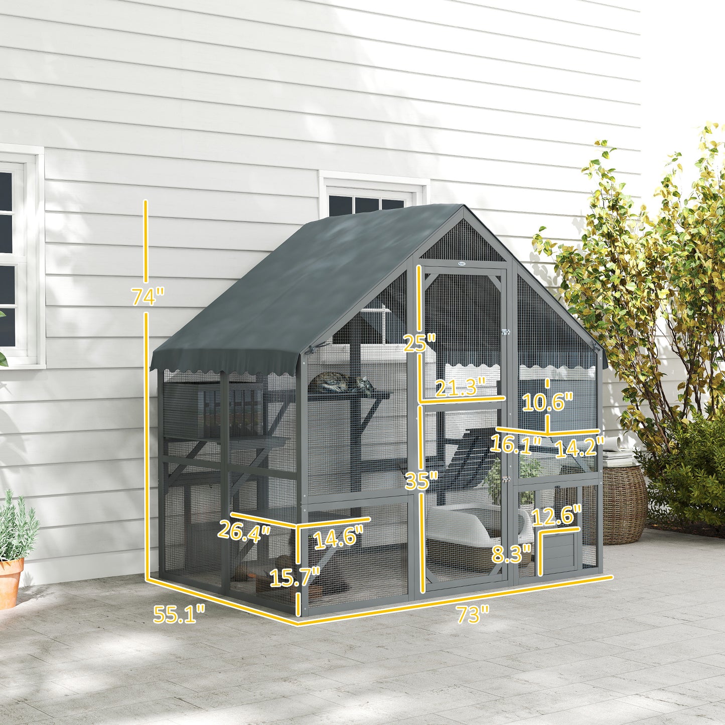 Outdoor Wooden Cat Enclosure with Waterproof Cover for 2-4 Cats - Gray