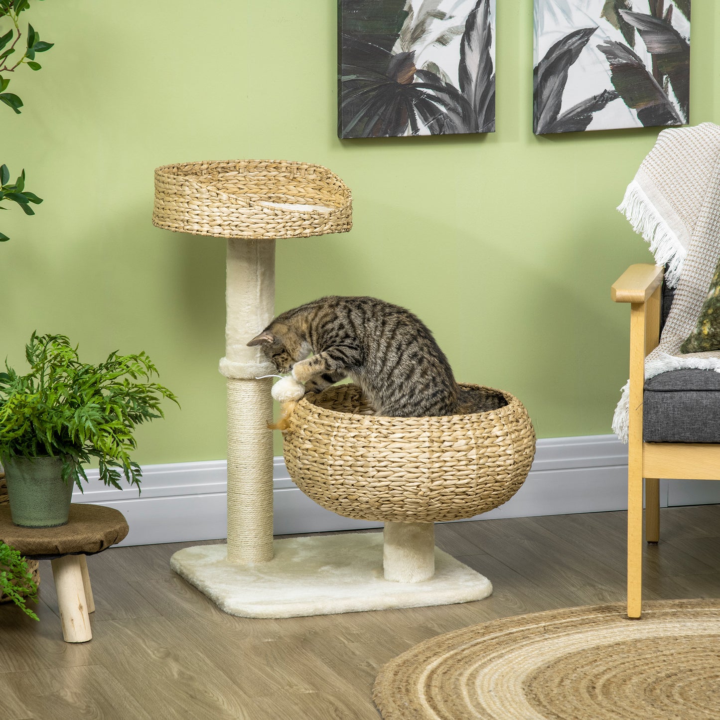28-Inch Elevated Cat Bed with Sisal Scratching Post and Fun Ball Toy — Modern Cat Tree for Indoor Cats