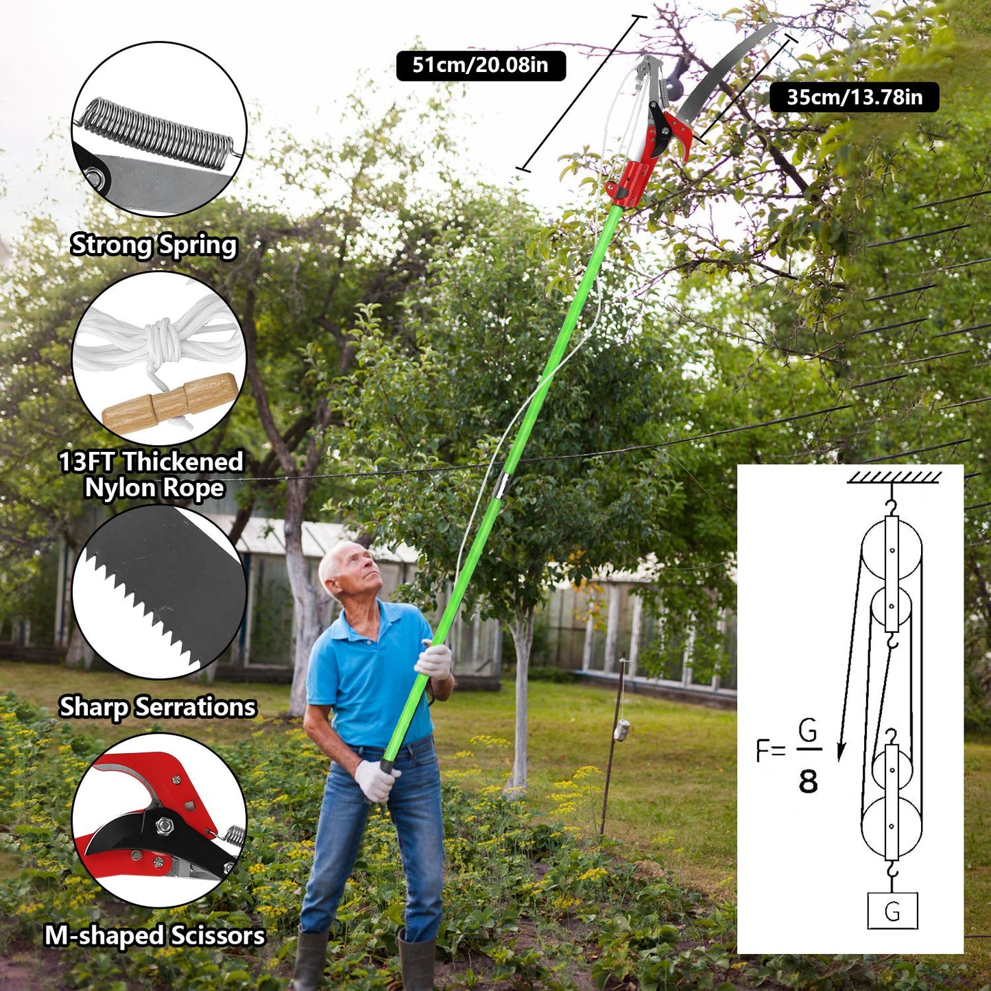 Extendable Manual Pole Saw with Pruner & Saw Blades for Tree Trimming