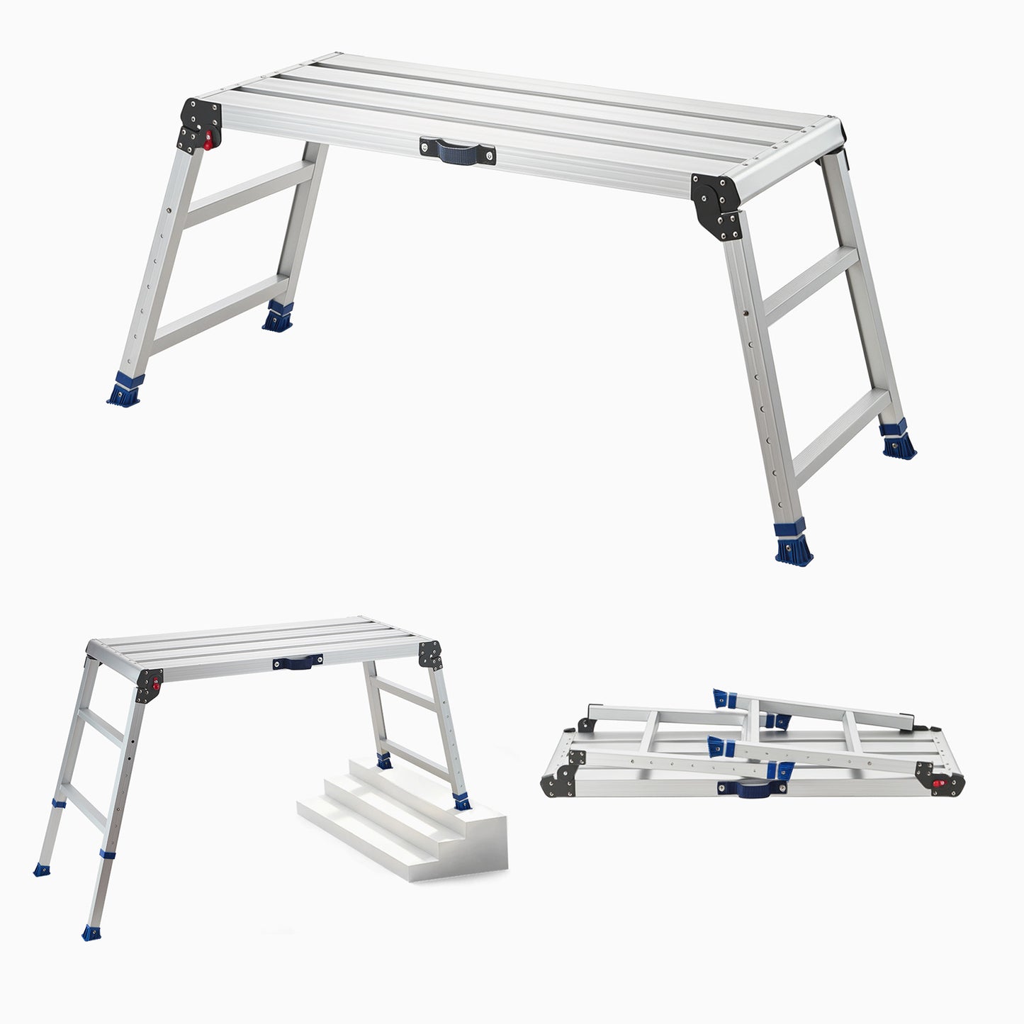 Adjustable Folding Work Platform Ladder - Heavy Duty Aluminum Step Stool, 500 Lb Capacity