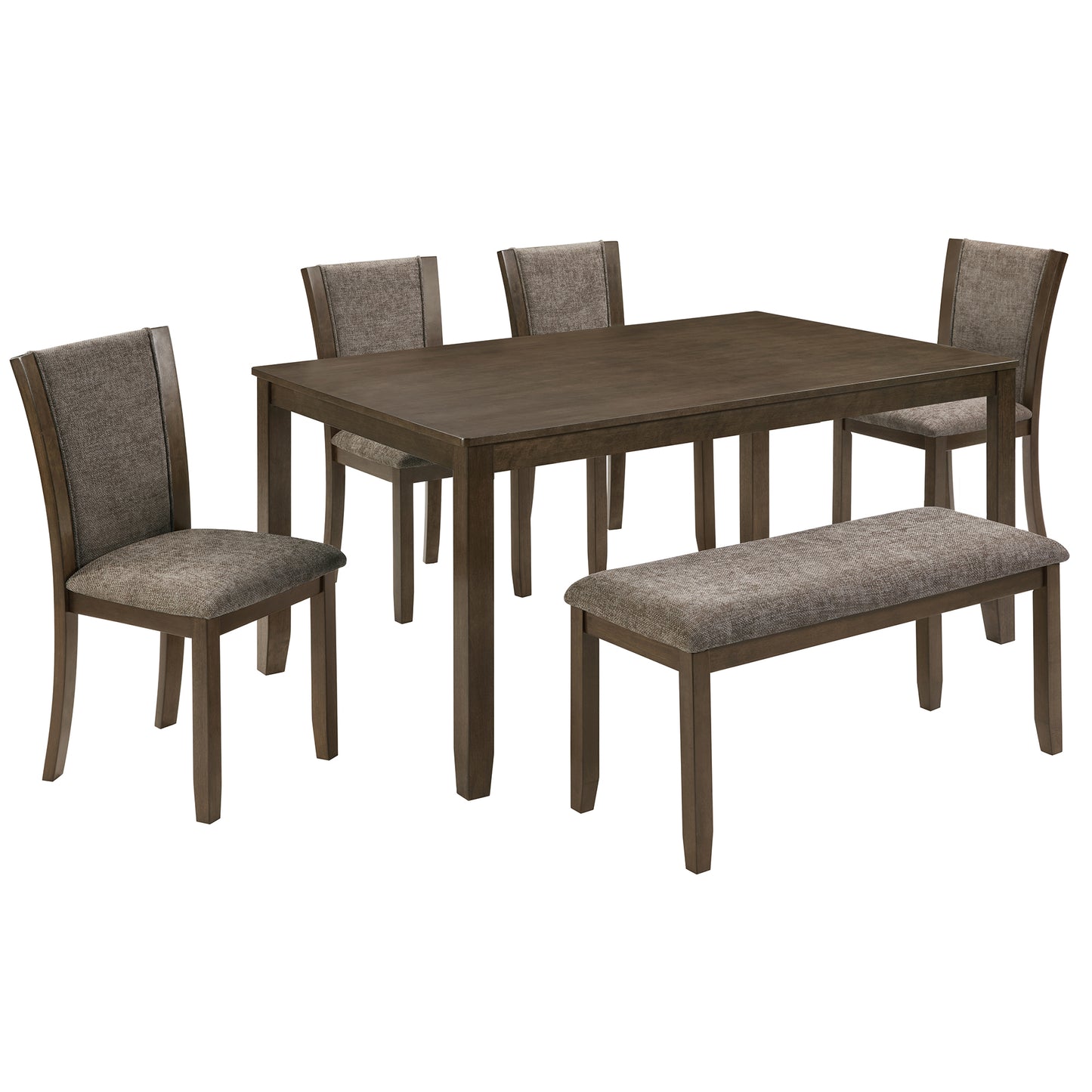 6-Piece Wooden Dining Table Set with Bench and Chairs - Dark Walnut