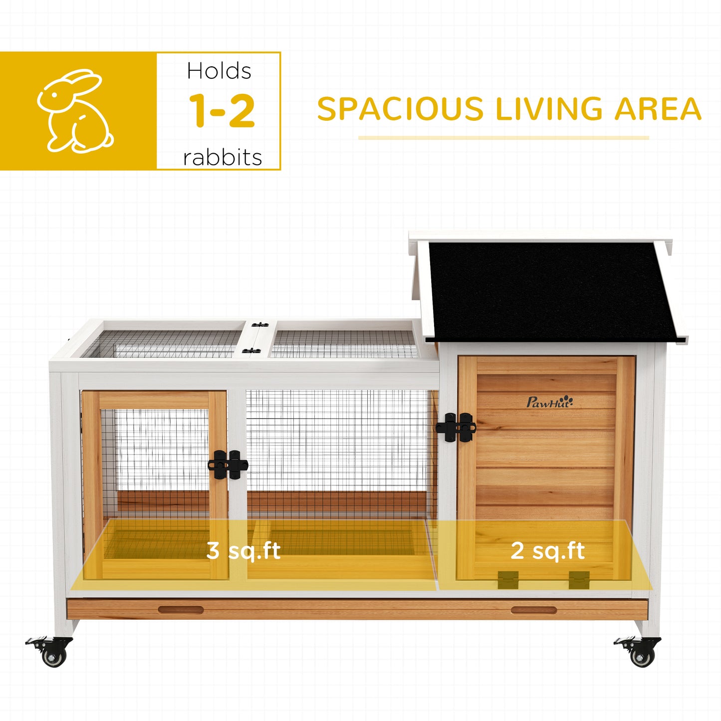 Wooden Rabbit Hutch with Wheels and Run for Small Animals - Yellow