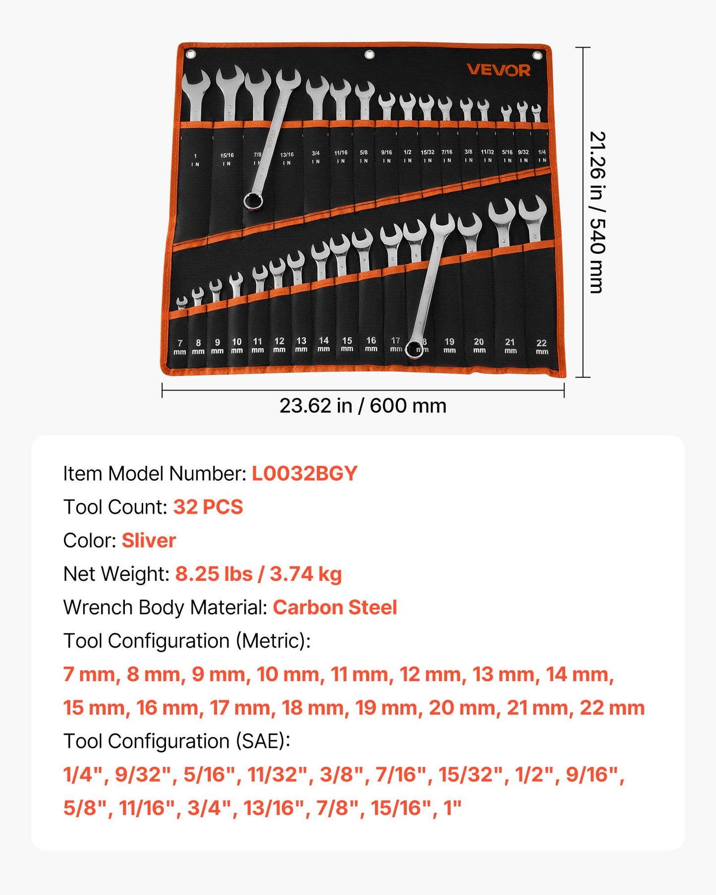 32-Piece Combination Wrench Set SAE & Metric with Roll-Up Pouch - Durable Steel
