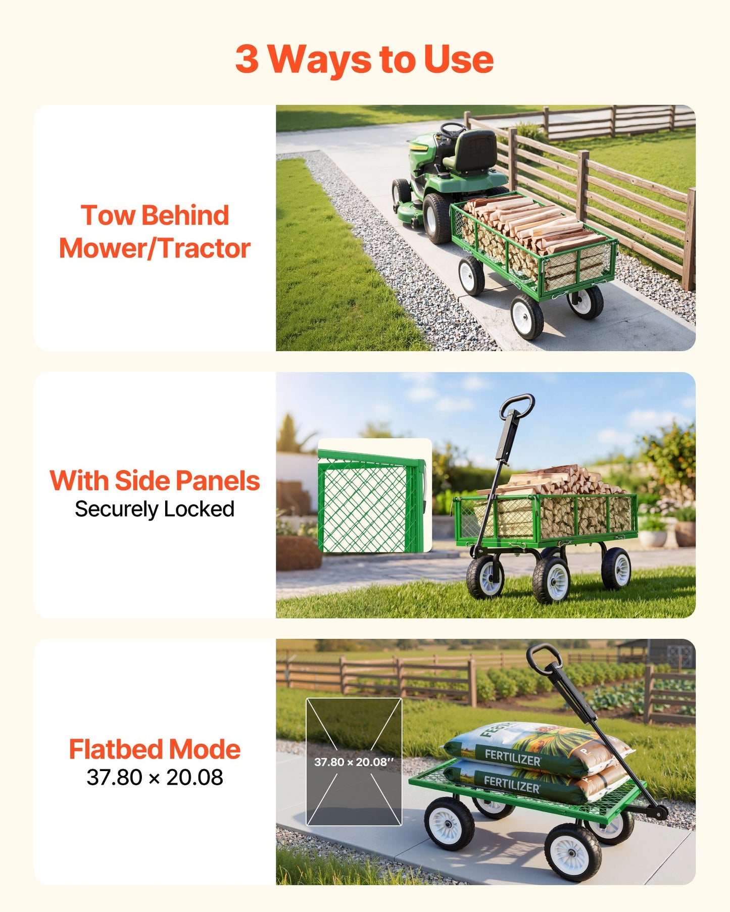 Heavy Duty Steel Garden Cart with 900LBS Load Capacity, Flat-Free Tires, Detachable Side Panels, and Adjustable Handle – Green