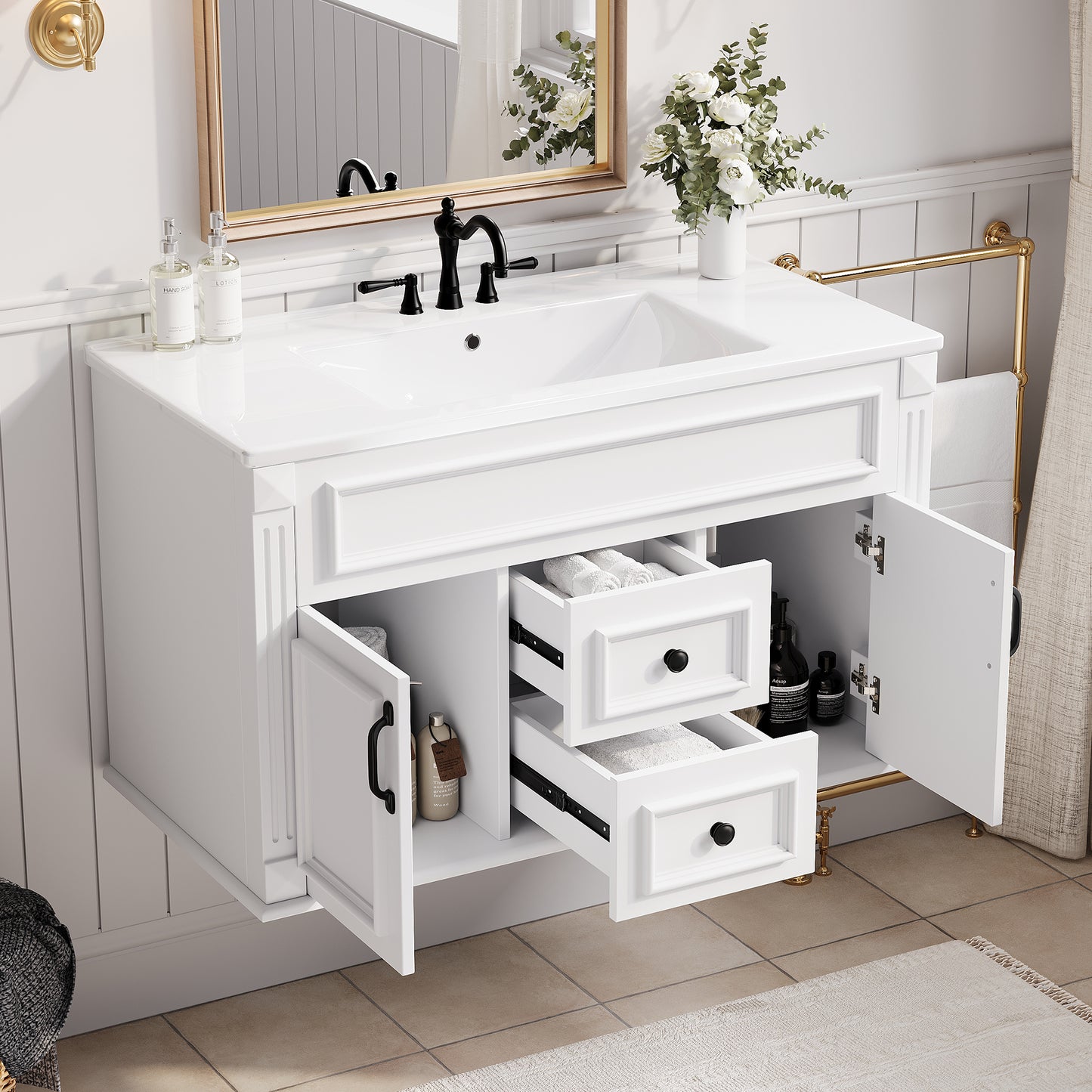 36-Inch Wall-Mounted Bathroom Vanity with Ceramic Sink - White