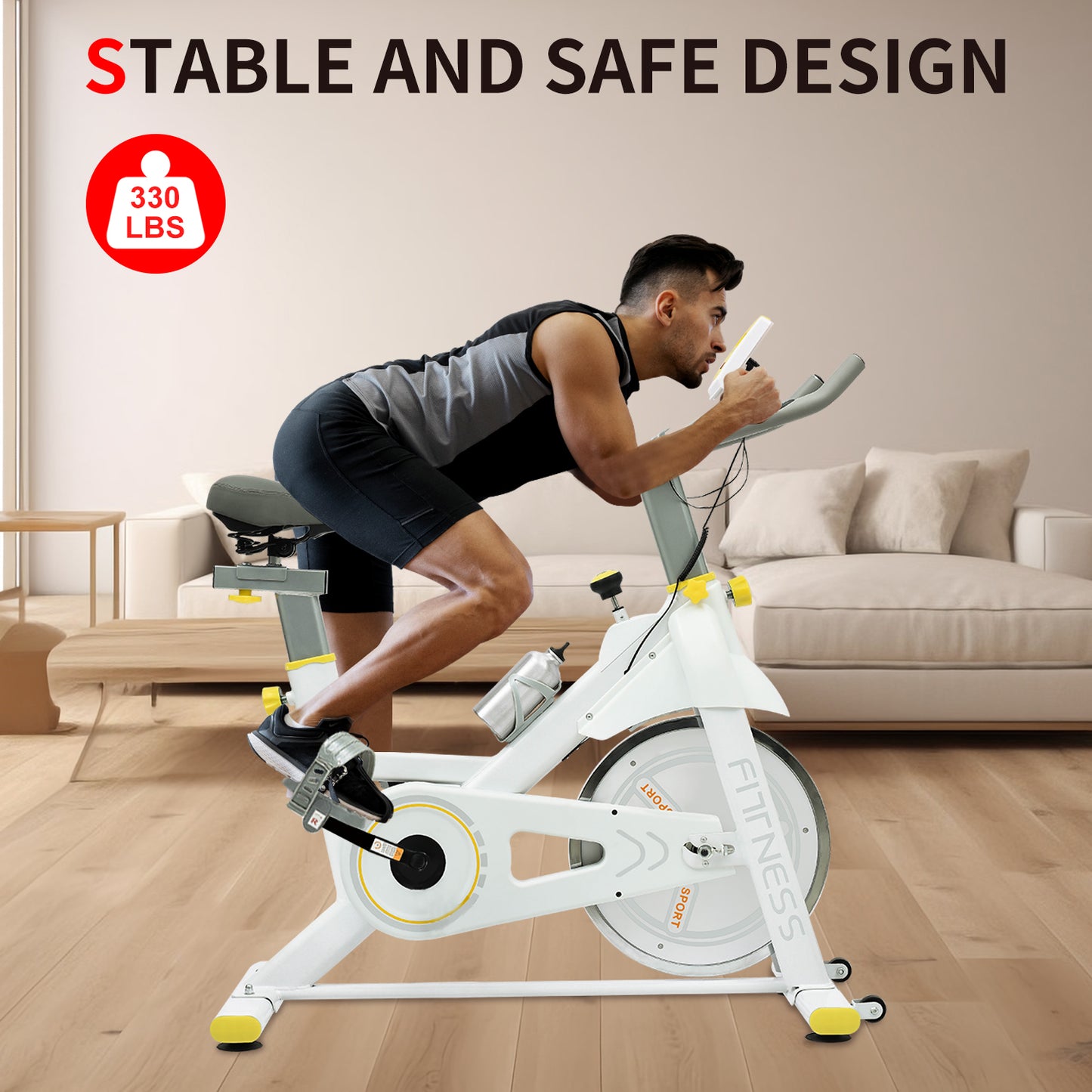 Indoor Exercise Bike with Adjustable Resistance & LCD Display - Yellow/White