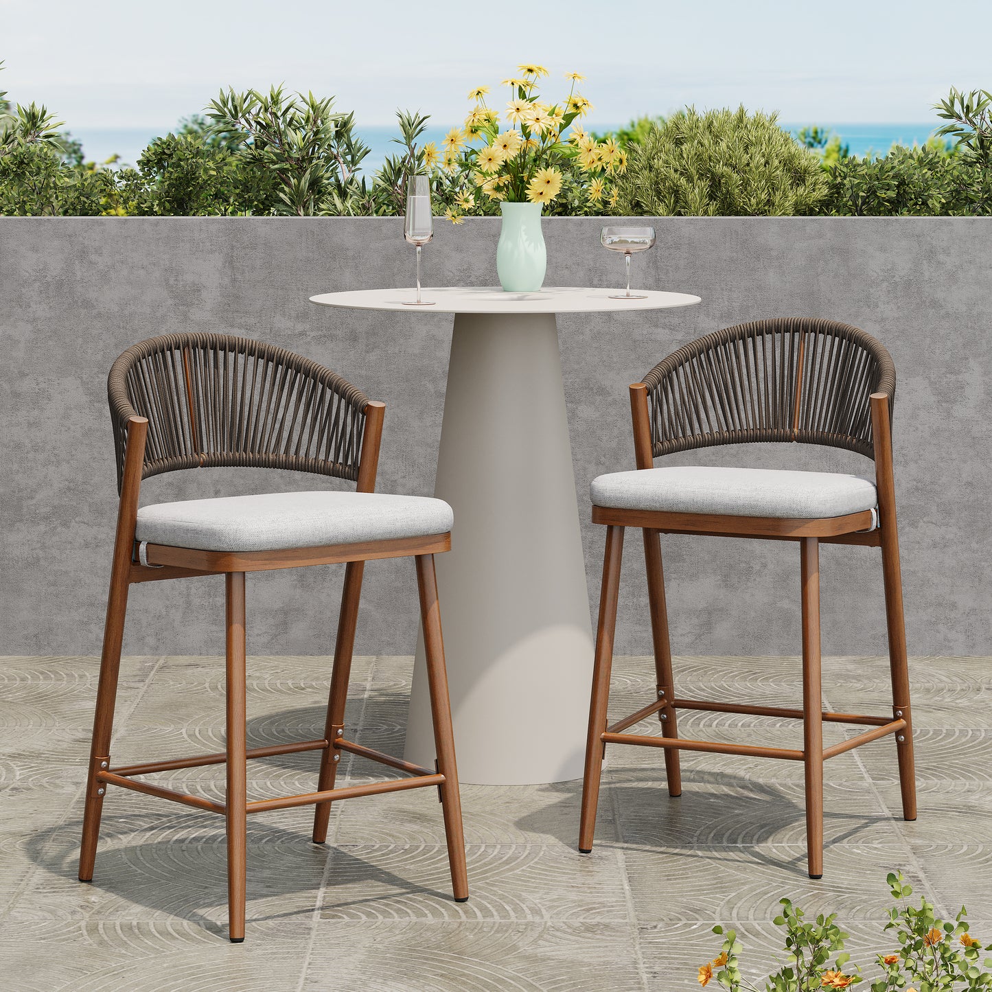 Outdoor 26 Seat Height Aluminum Frame Counter Stools With PE Rattan