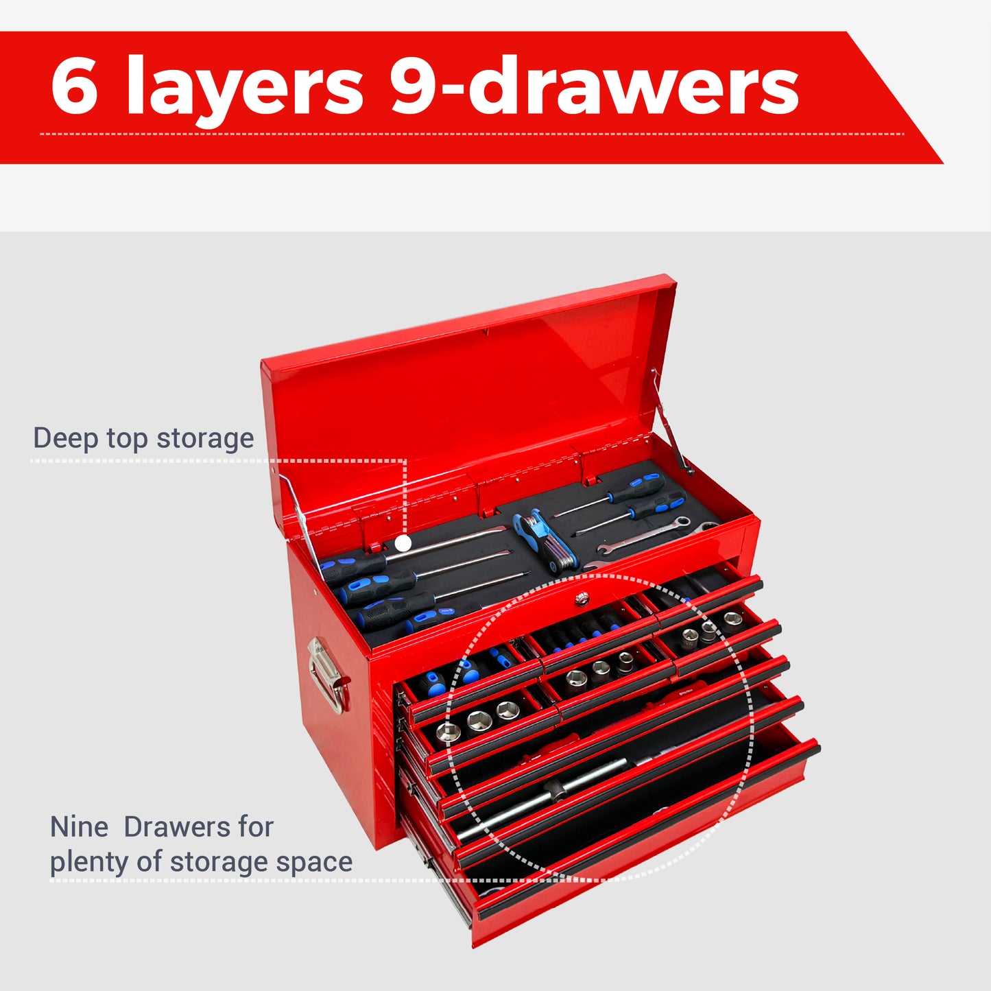 24-Inch Heavy Duty Metal Tool Box with 9 Drawers and Locking System - Red