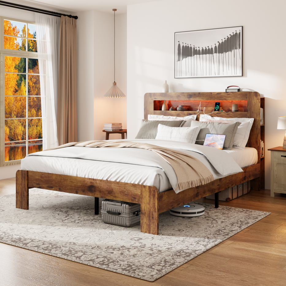 King Wood Bed Frame with LED Headboard, USB Ports & Storage
