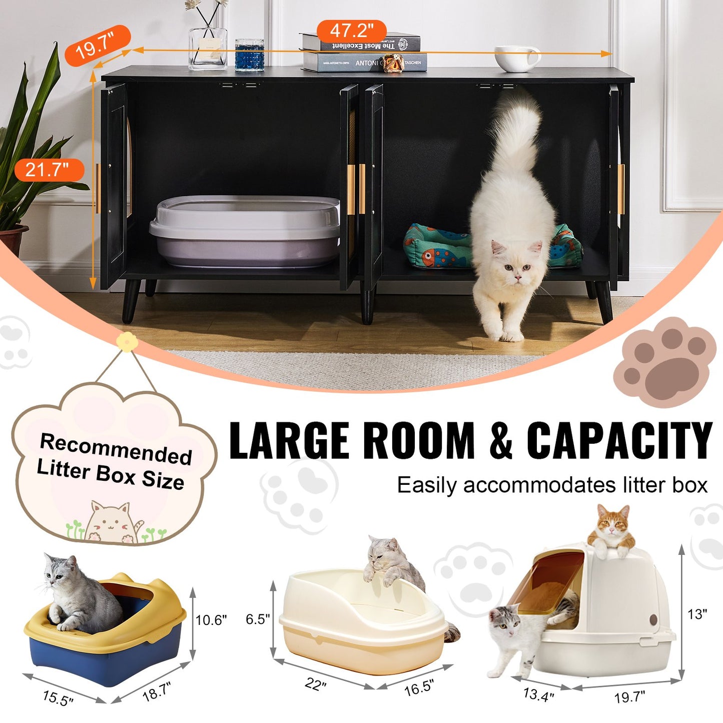 Wooden Cat Litter Box Enclosure with Hidden Design & 2 Rooms - Black