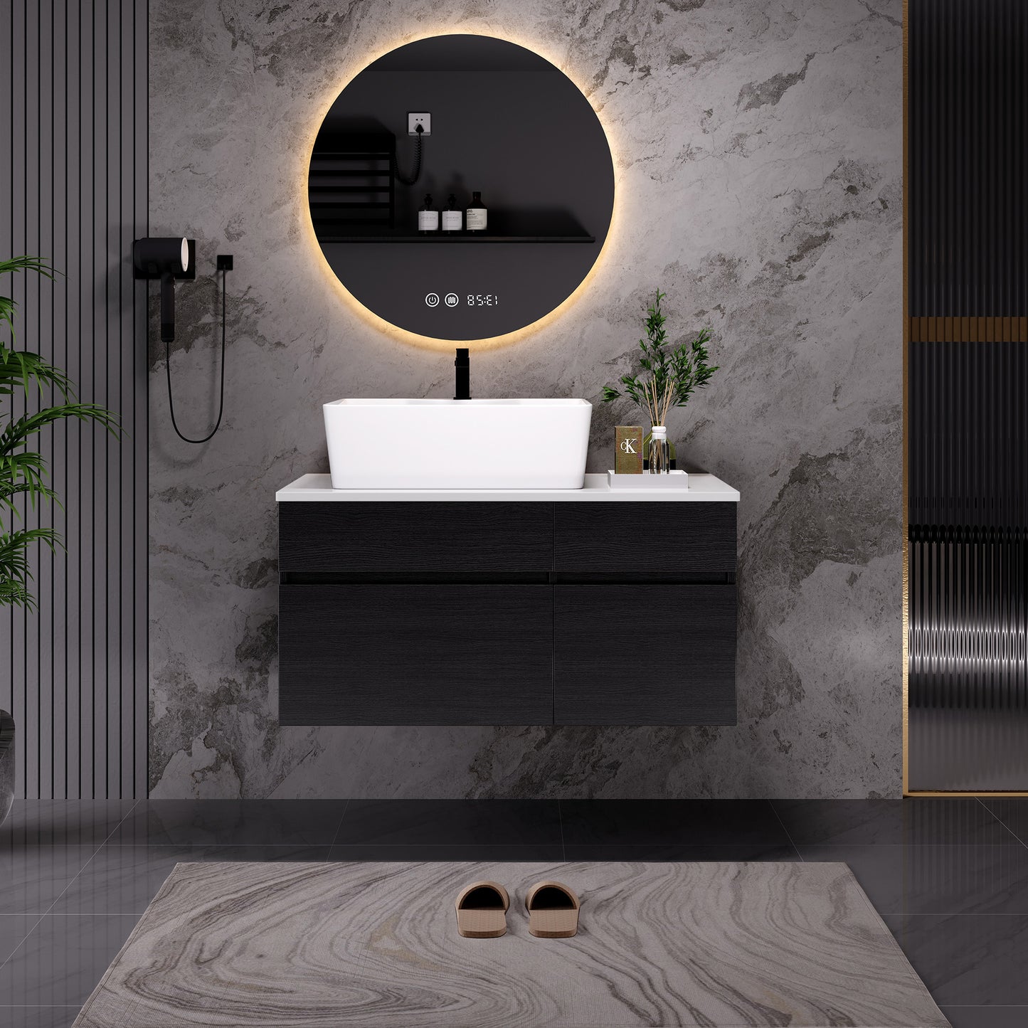 Floating Bathroom Vanity with Sink - 31.5 Inches, Black/White