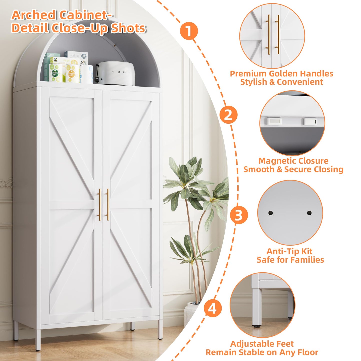 Arched Metal Pantry Storage Cabinet with 6 Adjustable Shelves - White