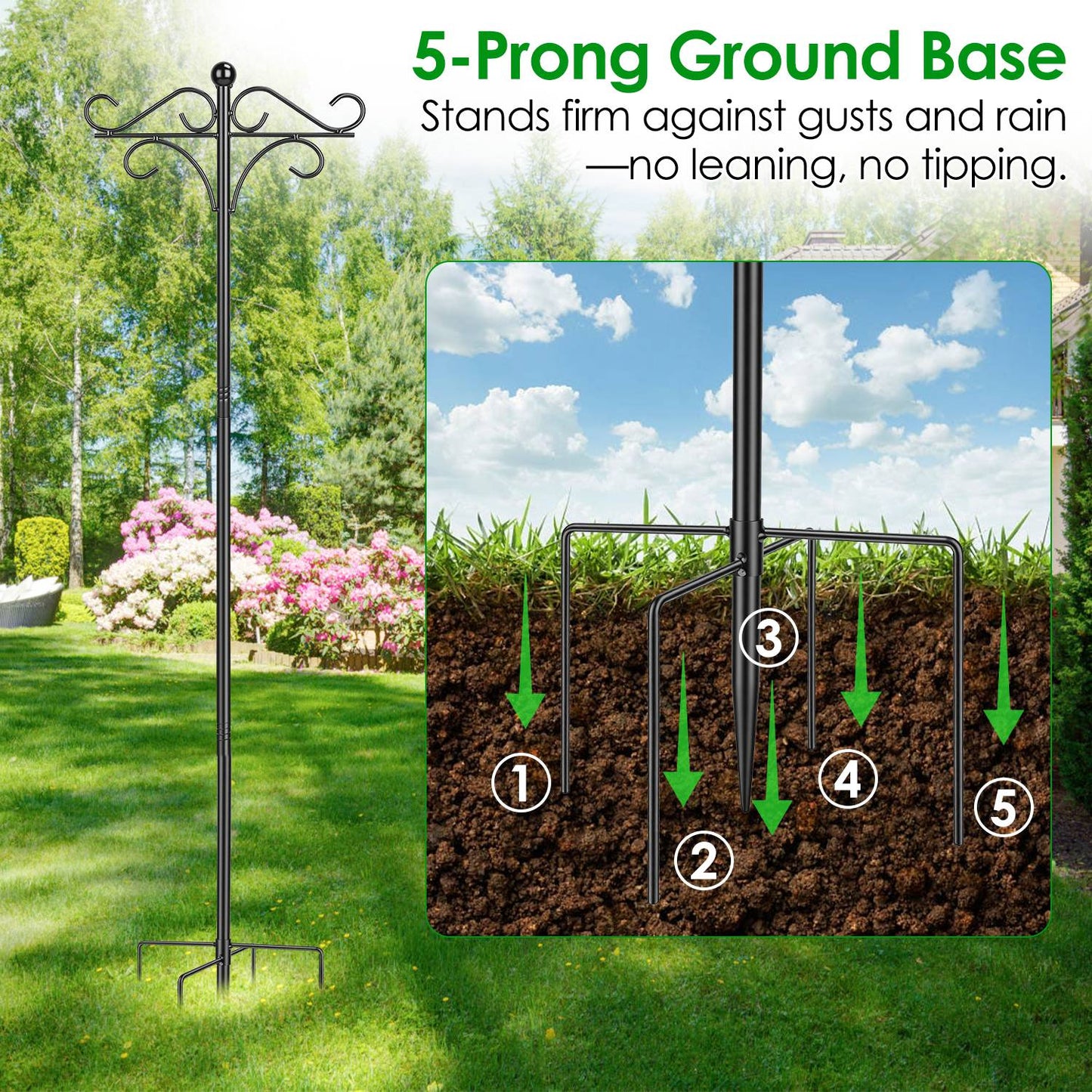 Heavy Duty Double Shepherds Hook Garden Pole - Adjustable Outdoor Bird & Plant Hook