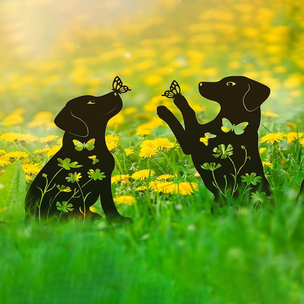 2pcs Metal Dog Garden Decor Sculptures - Puppy Silhouette Stakes for Outdoor Yard