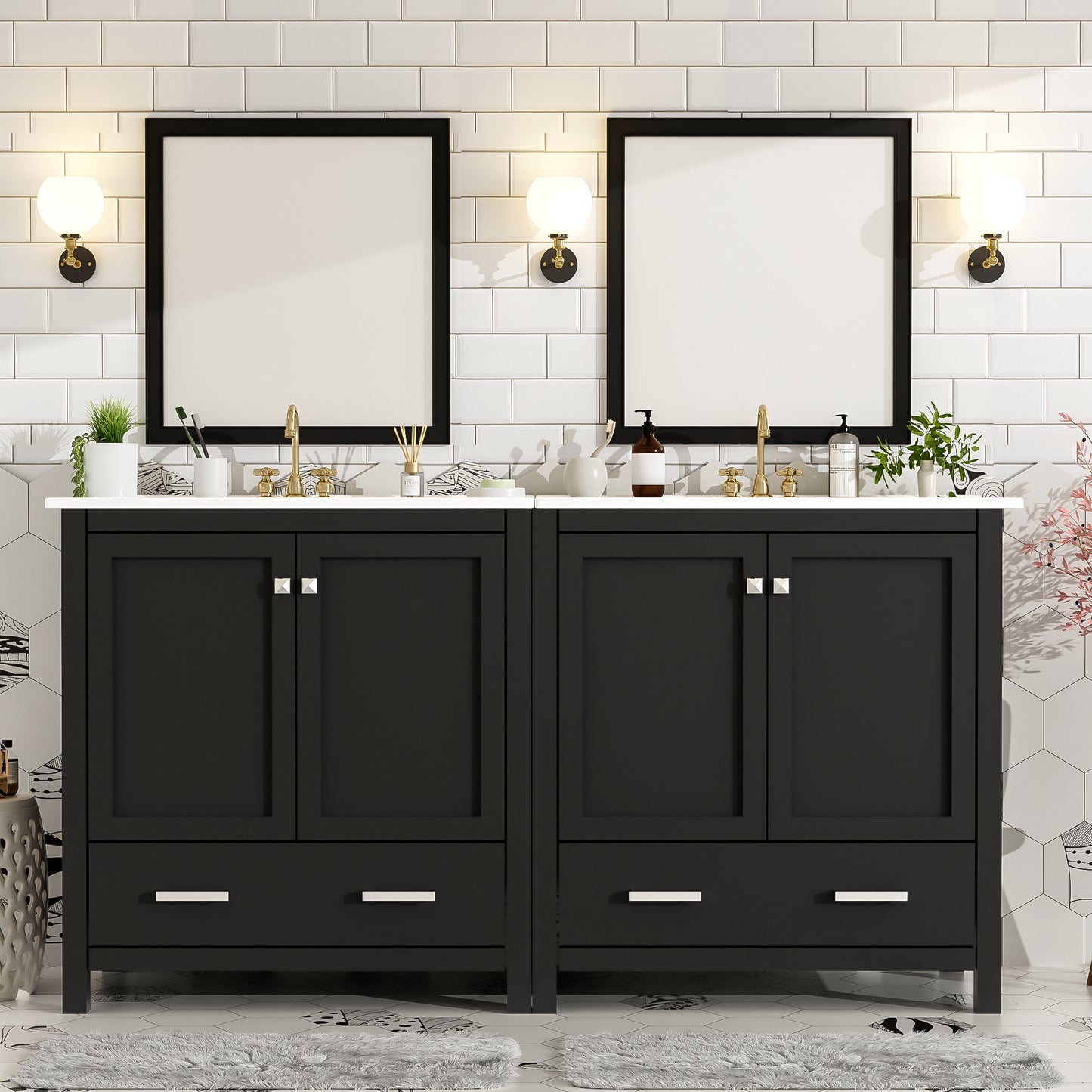 60" Black Bathroom Vanity Set with Double Ceramic Sinks