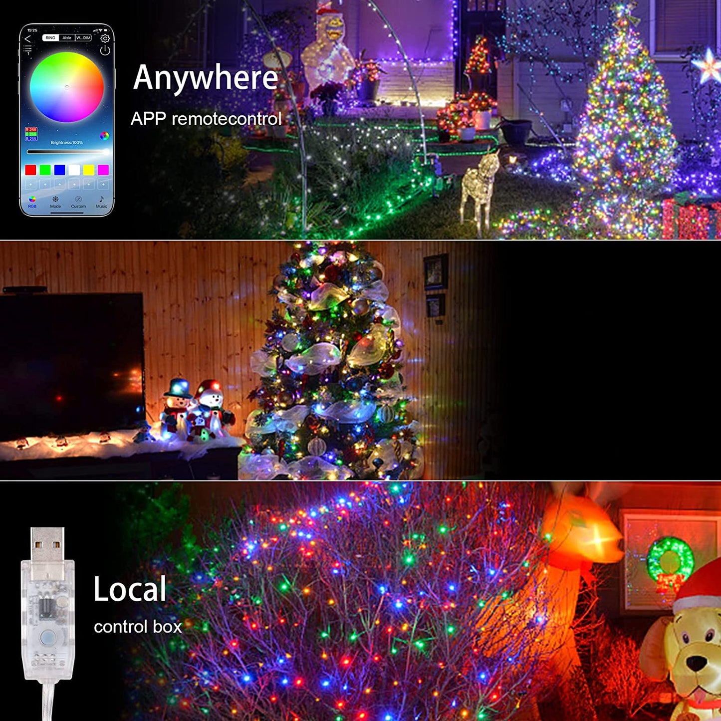 Outdoor RGB LED Rope Lights with Remote Control - 200 LEDs, Plug-In, Durable String Lighting