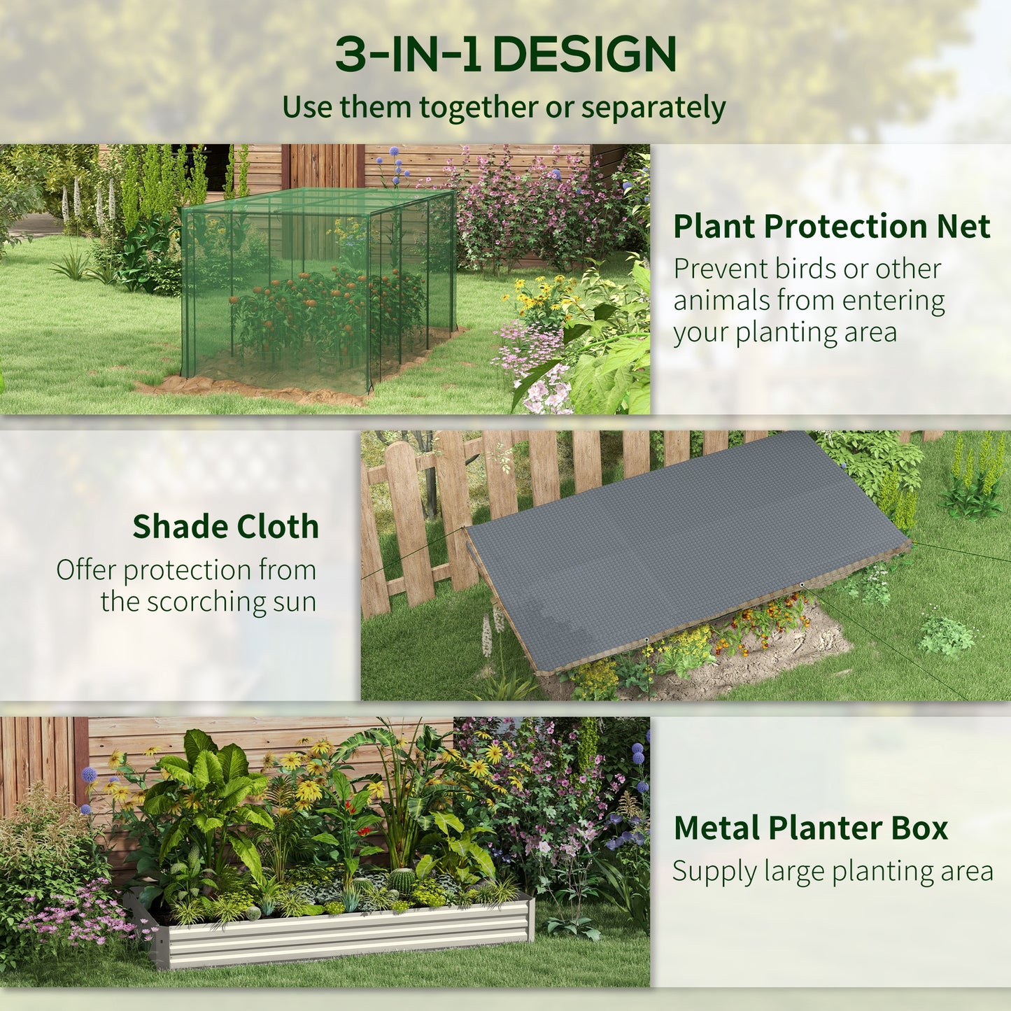 Galvanized Steel Raised Garden Bed with Crop Cage and Shade Cloth - Beige, 1190x360x140mm