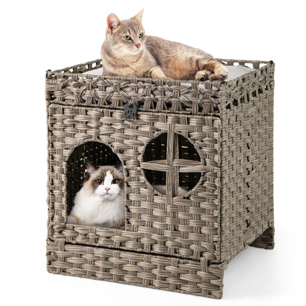 Gray Wicker Cat Condo with Litter Mat & Detachable Cushion - Hidden Enclosure