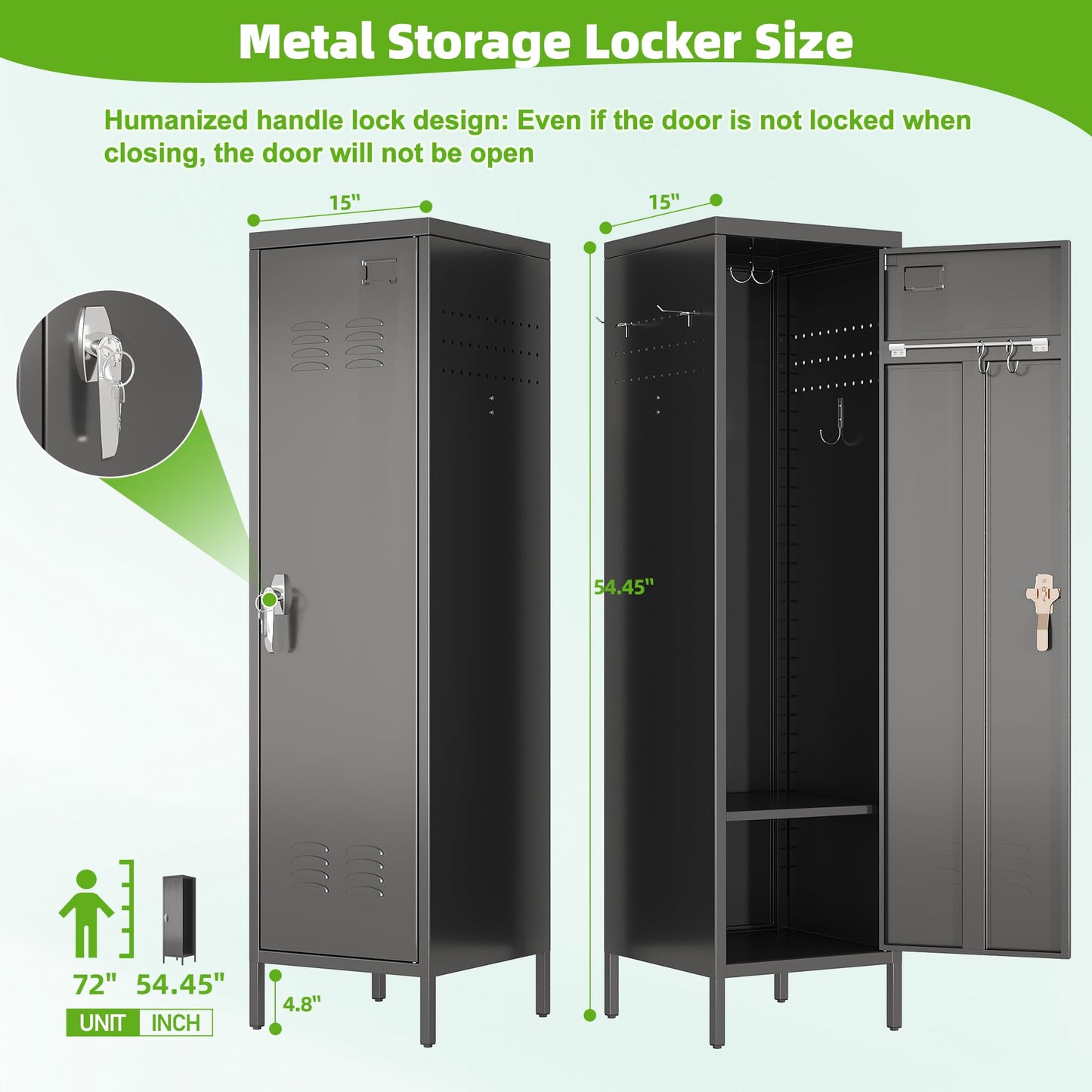 Metal Storage Locker with Handle and Hanging Rod - Black