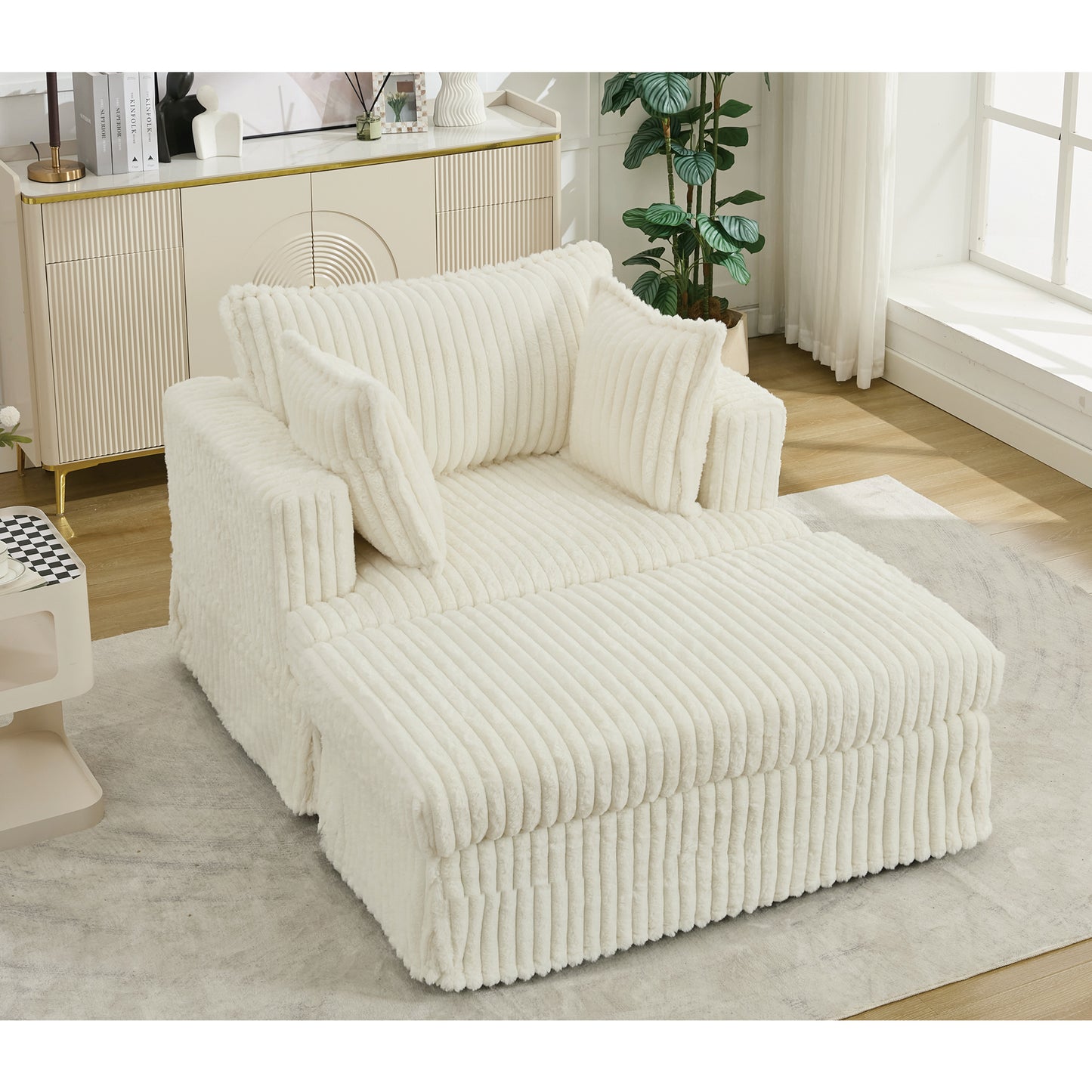Oversized Corduroy Chaise Longue with Ottoman - Beige