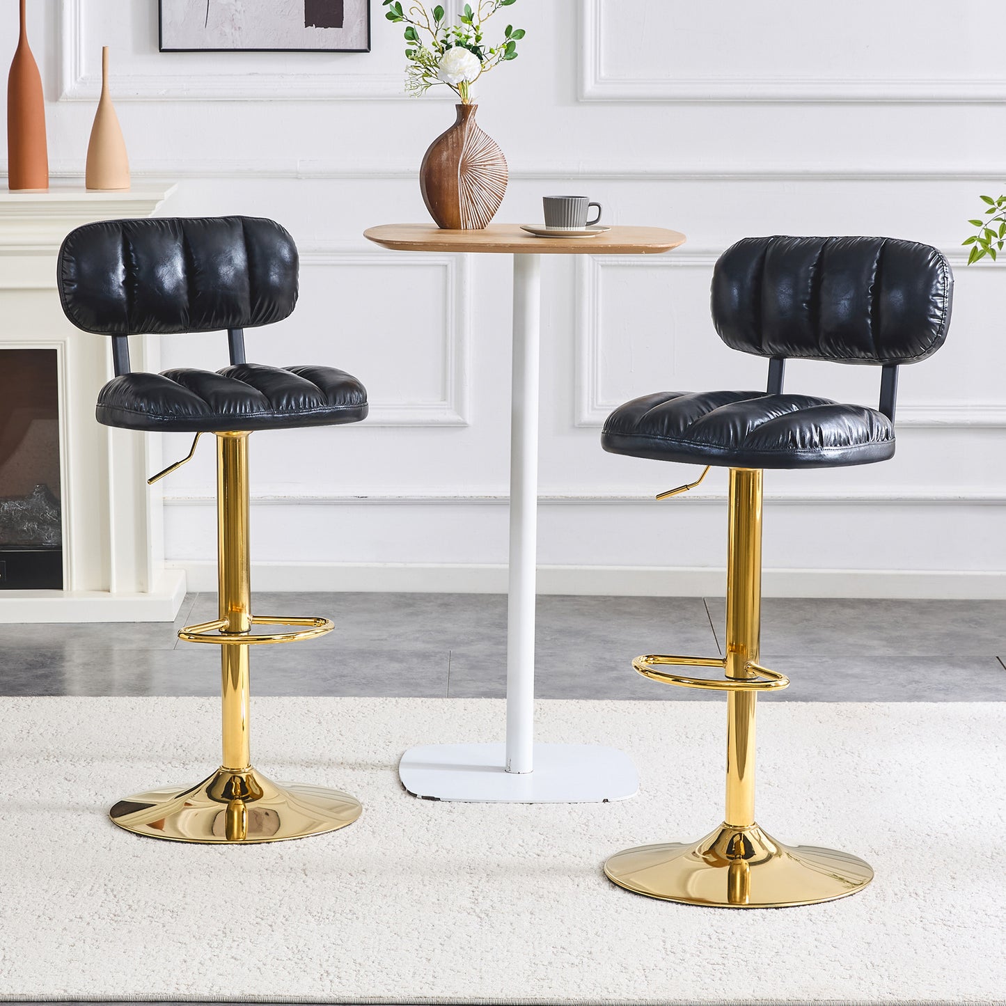 Set Of 2 Modern Bar Stools With Adjustable Height, Black PU Leather