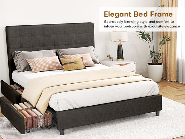 Queen Bed Frame Upholstered Vertical Channel Headboard With 4 Storage
