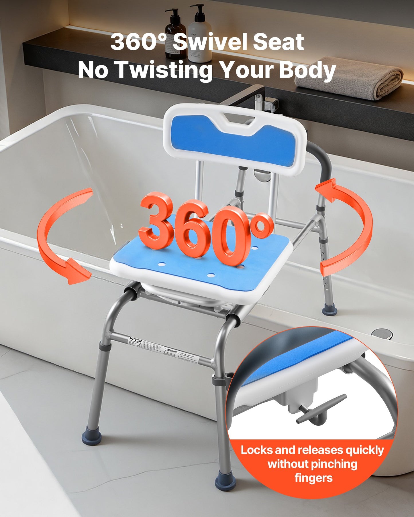 Heavy-Duty Sliding Shower Chair with Swivel Seat & Height Adjustment - Black