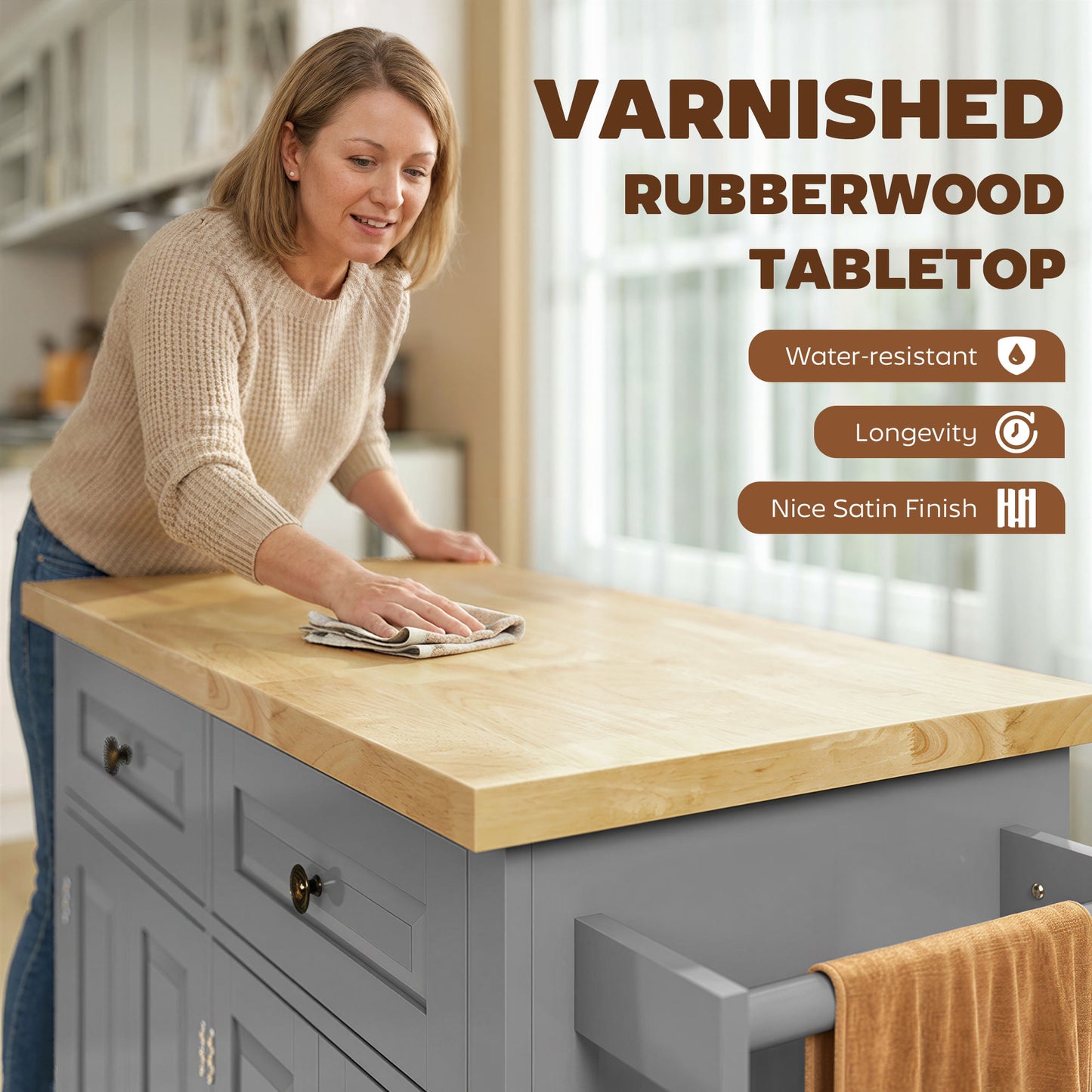 Rolling Kitchen Island Cart with Drawers & Spice Rack - Gray