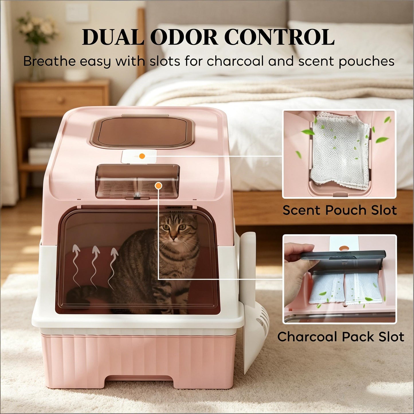Compact Fully Enclosed Cat Litter Box - Pink & White