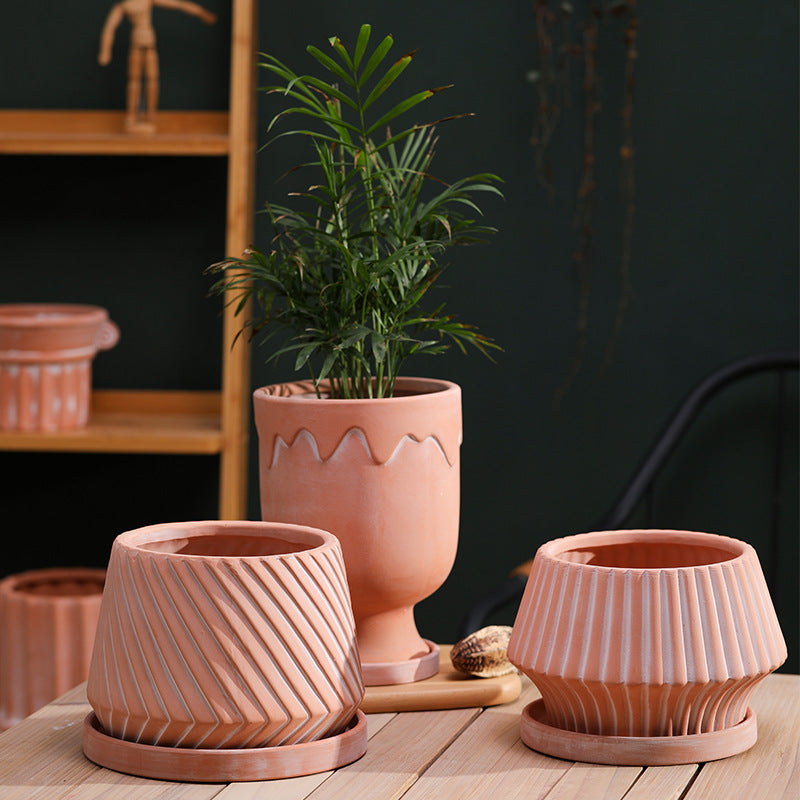 Breathable Red Pottery Flower Pot with Geometric Shape and Holes - Nordic Style