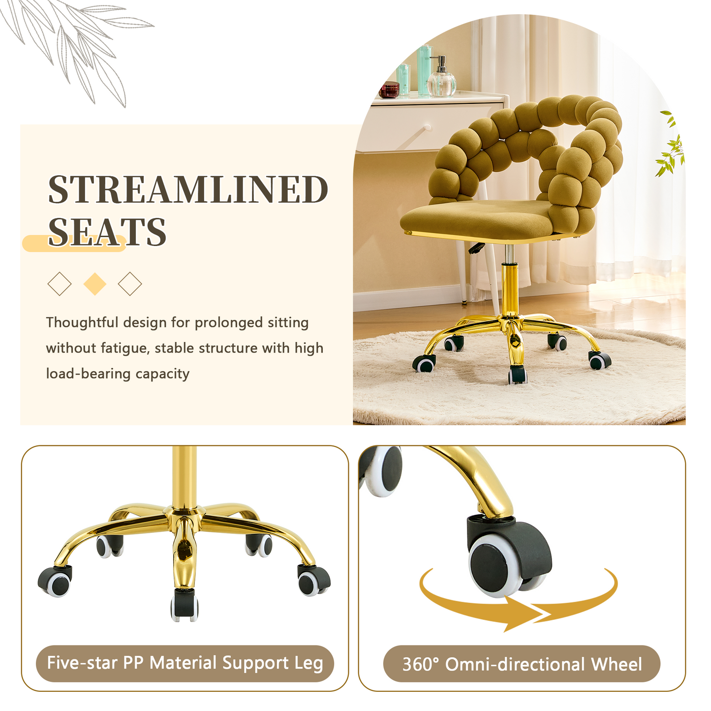 Modern Velvet Adjustable Swivel Desk Chair With Bubble Back,