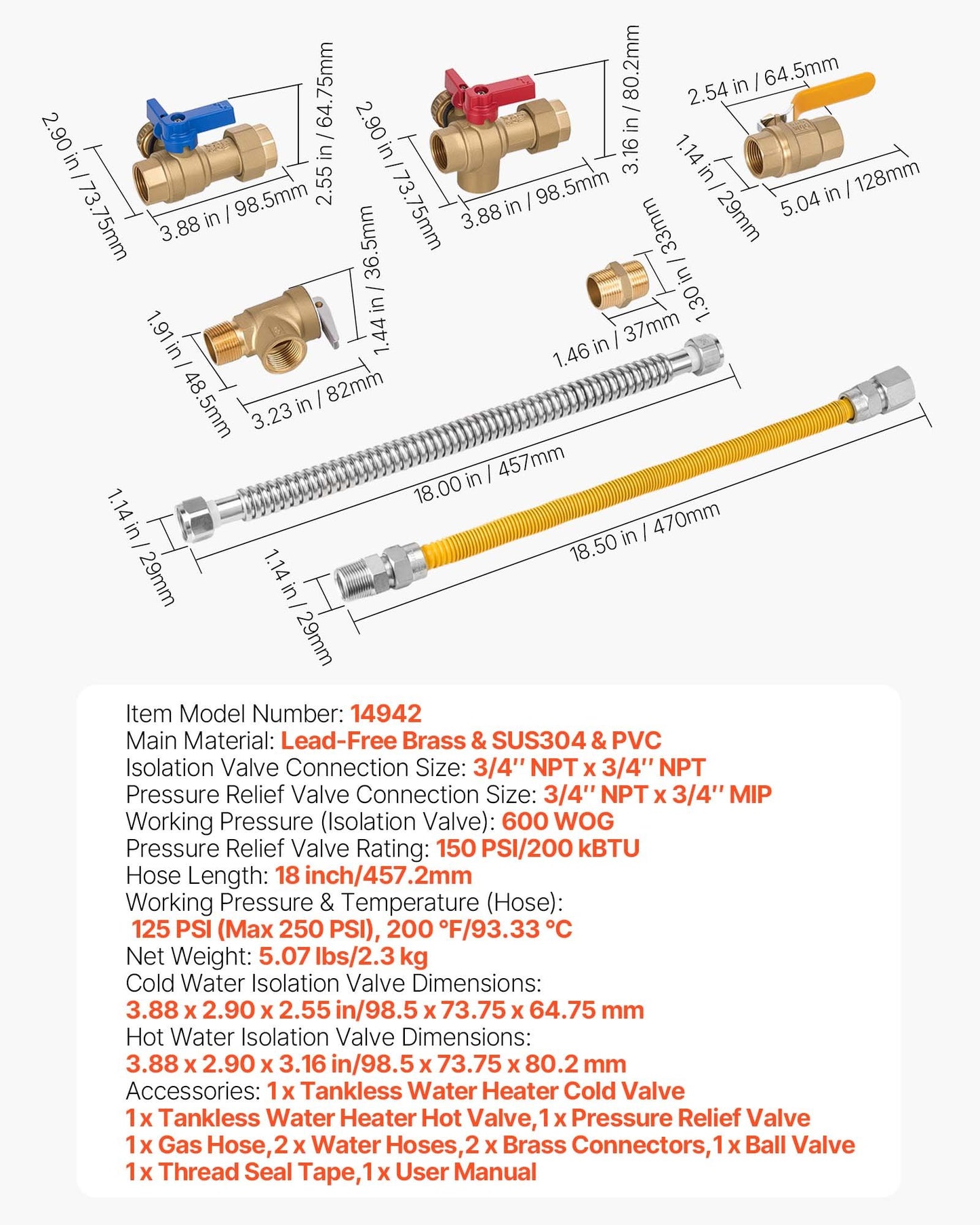 Water Heater Repair Kit with 3/4 Inch Valves and Hoses - Suitable for Tankless Systems
