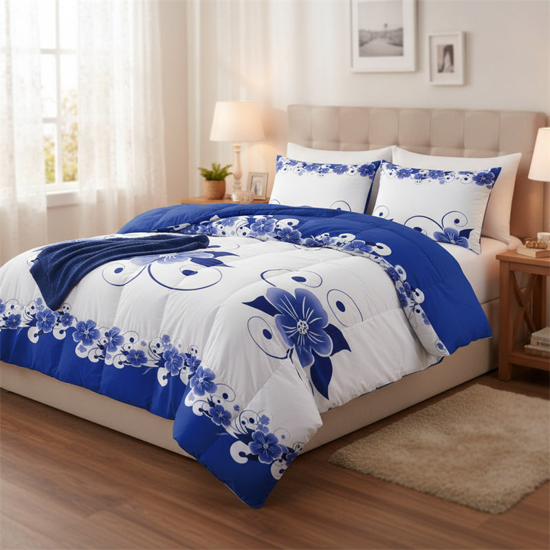 Blue & White Floral Duvet Cover Set - Heavyweight Microfiber