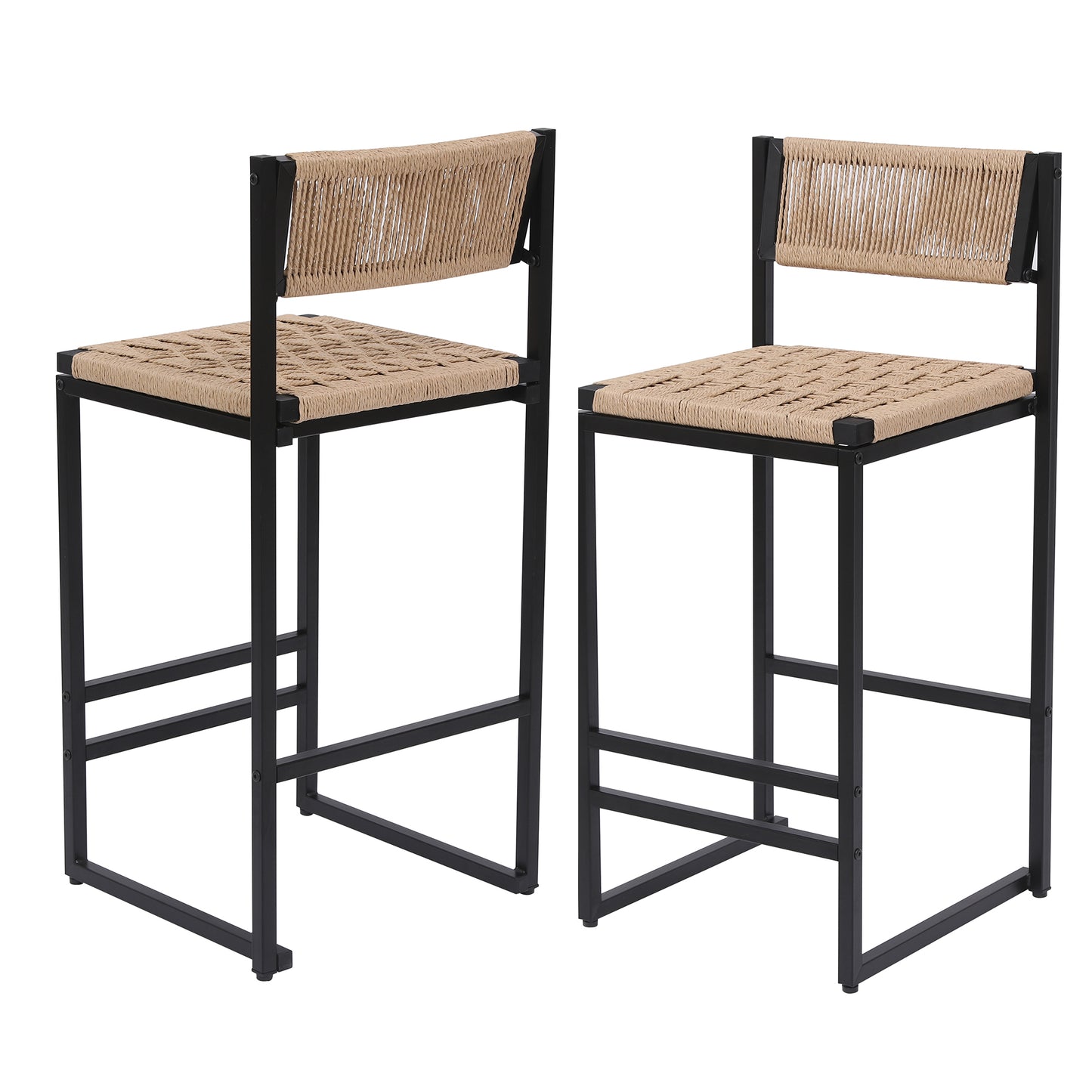 Set of 2 Kitchen Bar Stools with Footrest - Paper Rope Weave, Honey